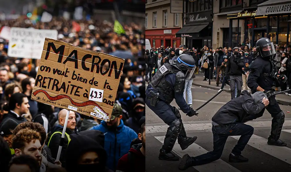 Así se desarrolla la novena jornada de protestas en Francia tras polémica reforma. Foto: composición LR/EFE Así se desarrolla la novena jornada de protestas en Francia tras polémica reforma. Foto: composición LR/EFE