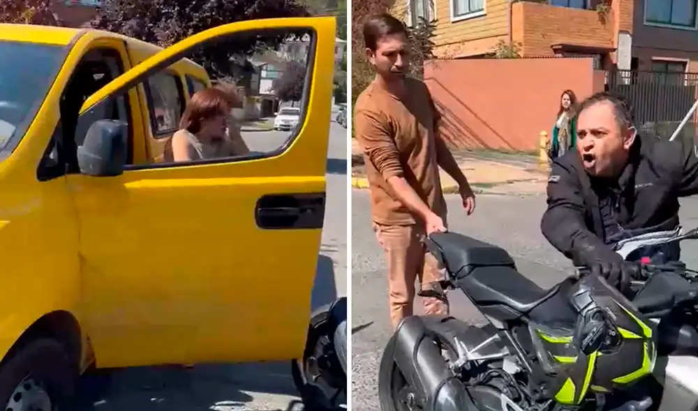 Totalmente molesto, el sujeto ignoró los reclamos y decidió tomar nuevamente su motocicleta. Foto: composición LR / BioBioChile. Video: BioBioChile