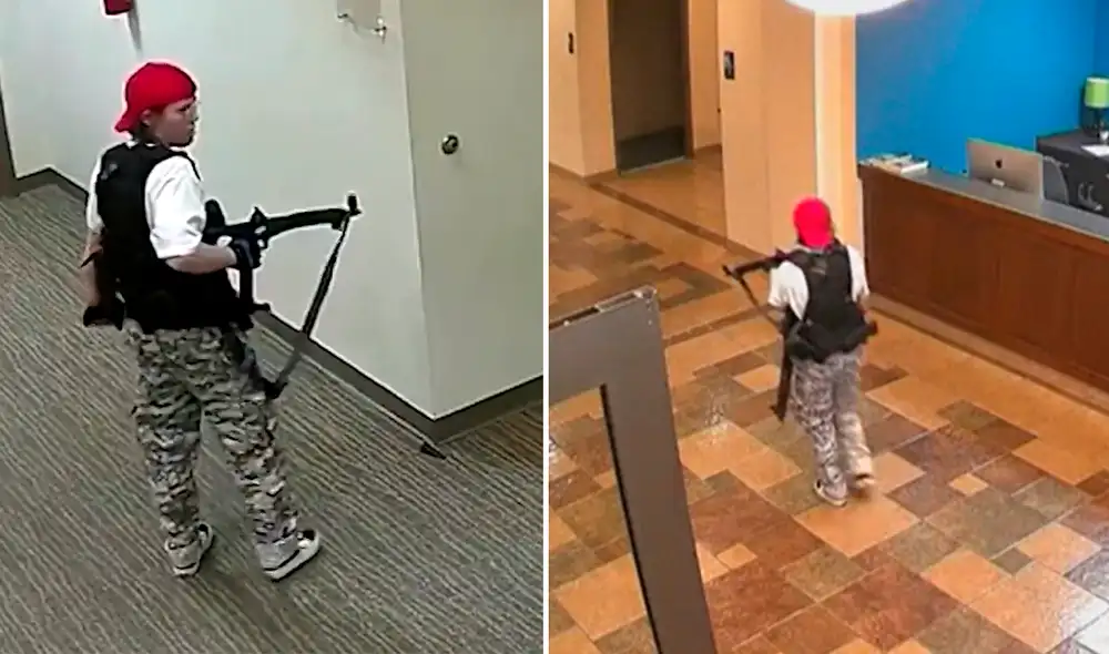 En los videos difundidos, puede verse el preciso momento en que la joven ingresa a la institución tras disparar las ventanas. Foto: composición LR / El País. Video: Euronews En los videos difundidos, puede verse el preciso momento en que la joven ingresa a la institución tras disparar las ventanas. Foto: composición LR / El País. Video: Euronews