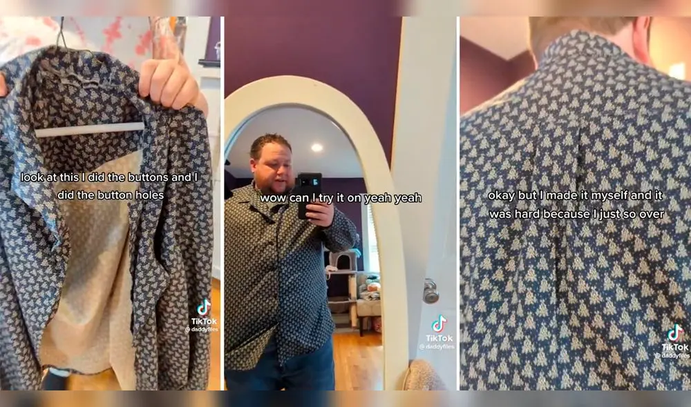 Niño regala a su padre camisa que confeccionó en su clase de costura. Foto: composición GLR/captura de TikTok/@daddyfiles