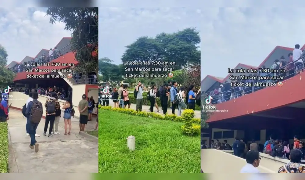 Sanmarquinos hacen colas desde temprano para recibir ticket de comida. Foto: composición LR/captura de TikTok/@UnaSanMarquina Sanmarquinos hacen colas desde temprano para recibir ticket de comida. Foto: composición LR/captura de TikTok/@UnaSanMarquina