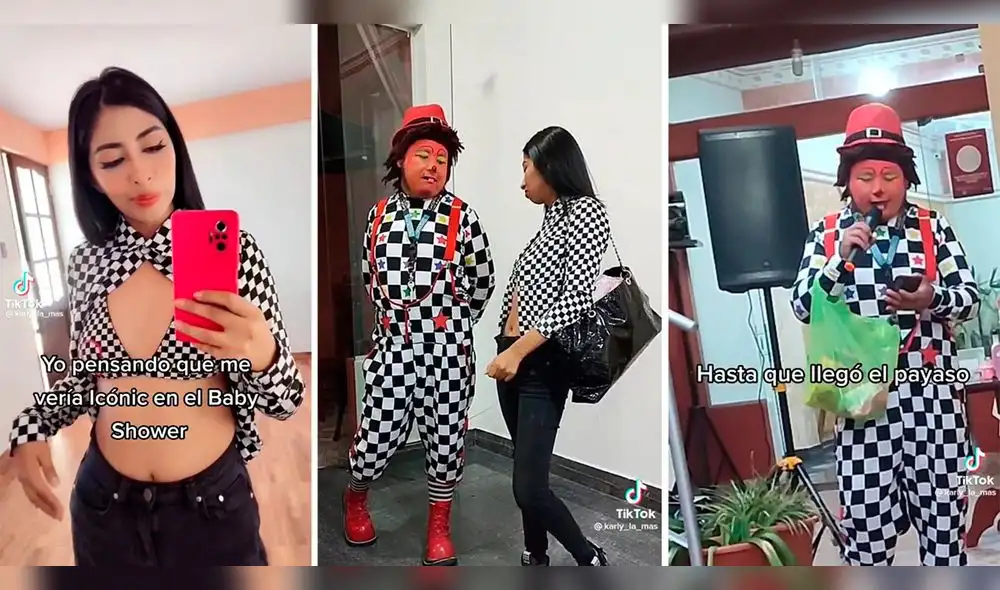 Joven y payaso van a baby shower y se dan cuenta de que sus outfits son muy parecidos. Foto: composición LR/captura de TikTok/@Karly_La_Mas