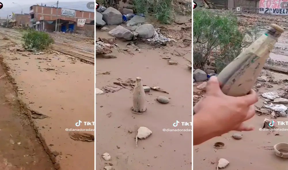 El hombre nunca imaginó encontrar una botella de cerveza intacta en medio del barro. Foto: Composición de LR/TikTok/@Dianadoradavilaaro