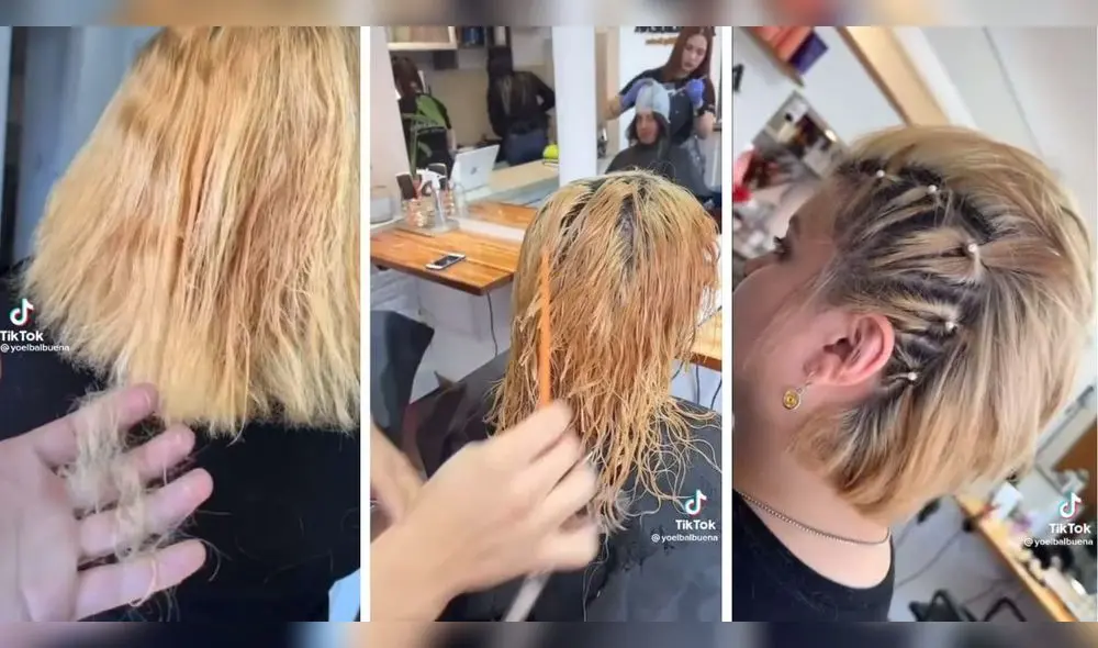 Estilista realiza tratamiento de cabello a mujer que se decoloró el cabello sola. Foto: captura de TikTok/@yoelbalbuena
