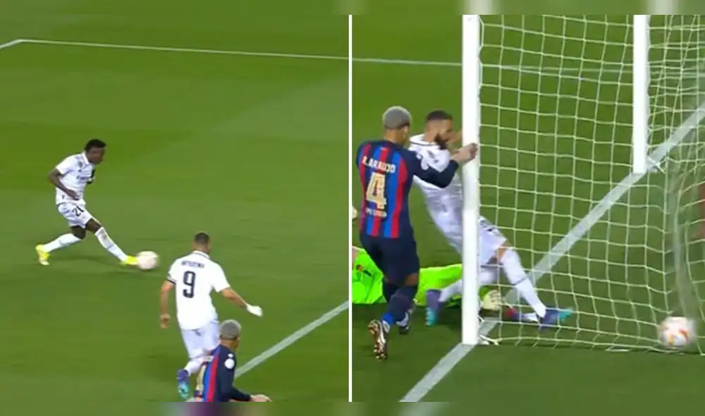 El balón que Vinícius Jr. remató ya había pasado la línea antes de la llegada de Benzema. Foto: captura de DSports El balón que Vinícius Jr. remató ya había pasado la línea antes de la llegada de Benzema. Foto: captura de DSports