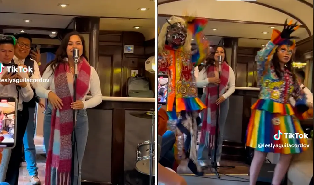 Lesly Águila cantó para los pasajeros de un tren que iba a la ciudadela inca de Machu Picchu. Foto: composición LR/TikTok. Video: TikTok.