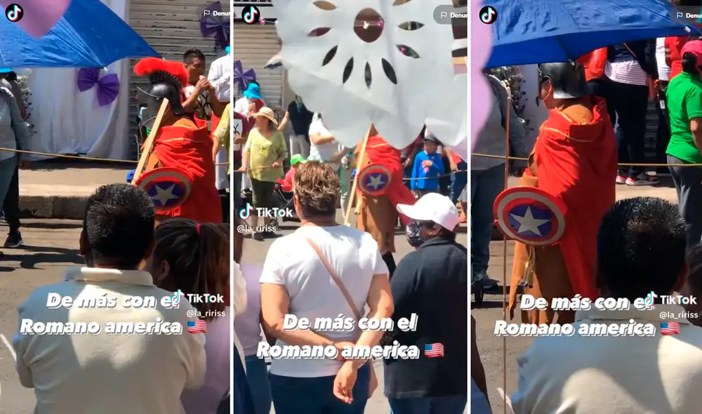 Al hombre no le importó usar un escudo equivocado, pues la finalidad era desfilar. Foto: Composición de LR/TikTok/@La_ririss