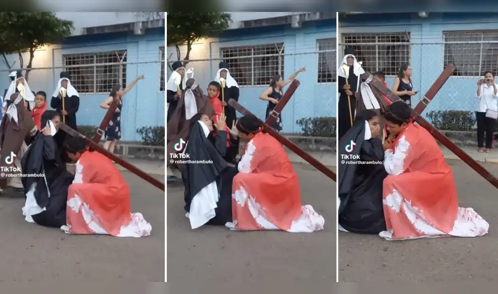Se golpea nariz contra la cruz en plena actuación por Semana Santa. Foto: composición LR/capturas de TikTok Se golpea nariz contra la cruz en plena actuación por Semana Santa. Foto: composición LR/capturas de TikTok
