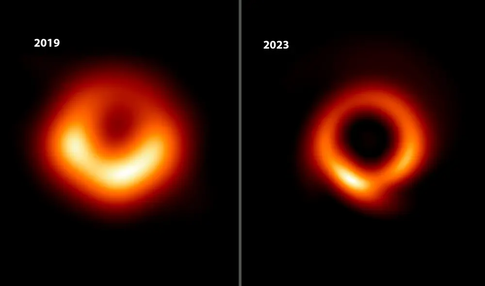 Imagen del agujero negro M87 obtenida en 2019 (izquierda) y mejorada con el algoritmo PRIMO en 2023 (derecha). Foto: composición LR/Medeiros et al./ApJL