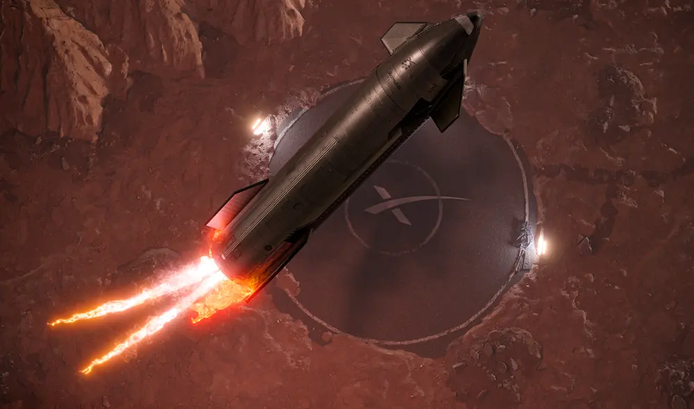 Animación de una nave Starship a punto de aterrizar en Marte. Foto: referencial / Reddit