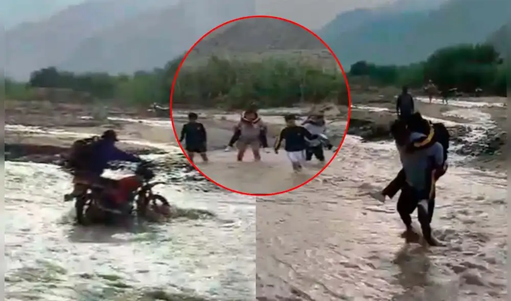 Algunos niños atraviesan el río en el hombro de sus padres y otros son llevados en moto. Foto: composición LR/captura de "Latina noticias" - Video: "Latina noticias"
