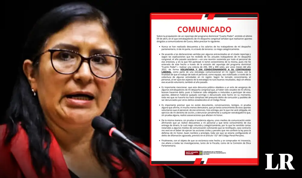 La legisladora Katy Ugarte asegura que denuncia de recorte de sueldos es un acto de venganza. Foto: composición LR/Congreso/Twitter La legisladora Katy Ugarte asegura que denuncia de recorte de sueldos es un acto de venganza. Foto: composición LR/Congreso/Twitter