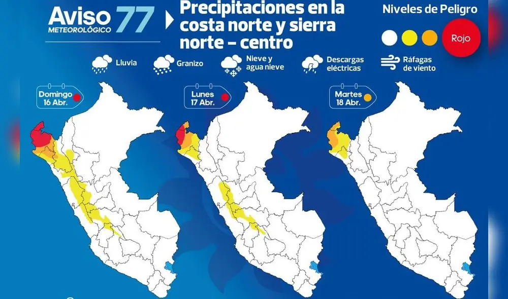 Diversas regiones registraran precipitaciones desde el centro al norte del país. Foto: Senamhi Diversas regiones registraran precipitaciones desde el centro al norte del país. Foto: Senamhi