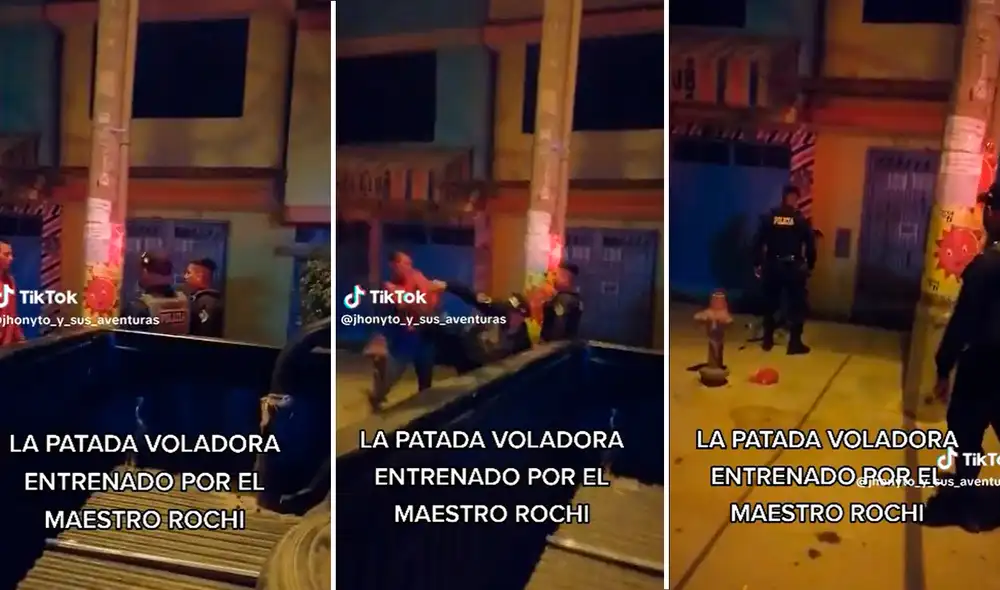 La pirueta del agente policial se volvió viral en TikTok. Foto: composición LR/captura/@jhonytoysusaventuras/TikTok - Video: @jhonytoysusaventuras