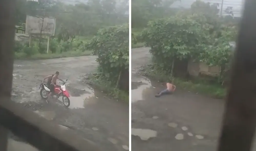 El ladrón sobre la moto acelera y abandona al otro sujeto en medio de la pista. Foto: captura de video/@MinMedio Video: @MinMedio