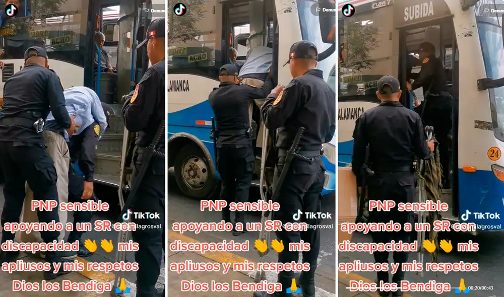 Afortunadamente, los agentes ayudaron al hombre con discapacidad a abordar el transporte. Foto: composición de LR/TikTok/@SilviaMilagrosVal