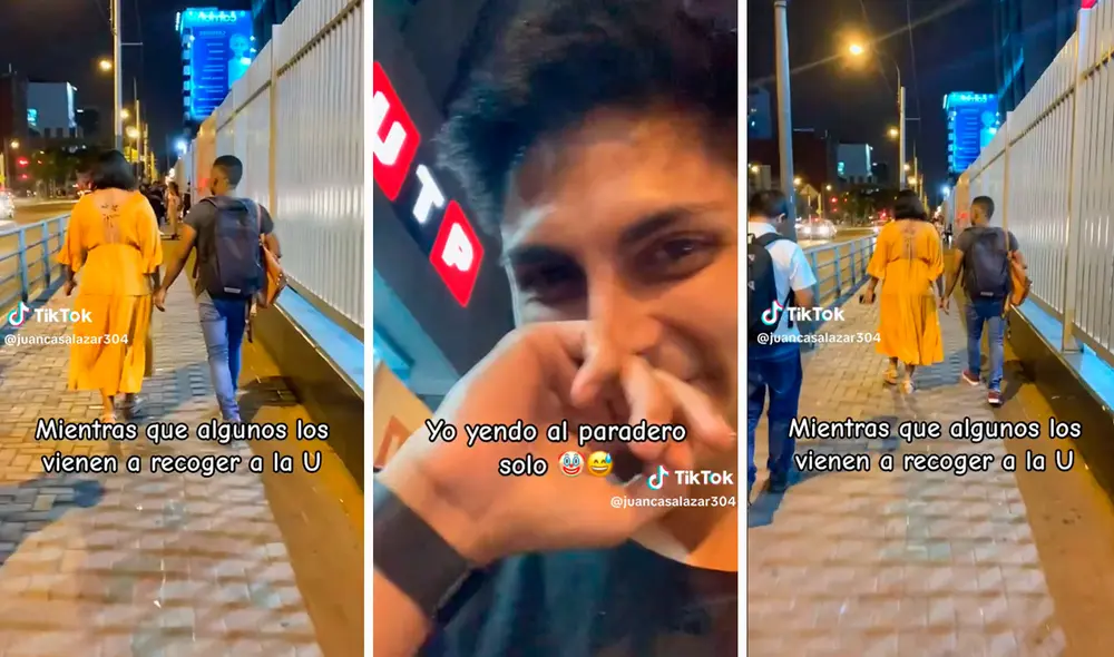 Joven que salía solo de su universidad no dudó en comparar su situación amorosa. Foto: composición LR / capturas de TikTok / @juancasalazar304 Joven que salía solo de su universidad no dudó en comparar su situación amorosa. Foto: composición LR / capturas de TikTok / @juancasalazar304
