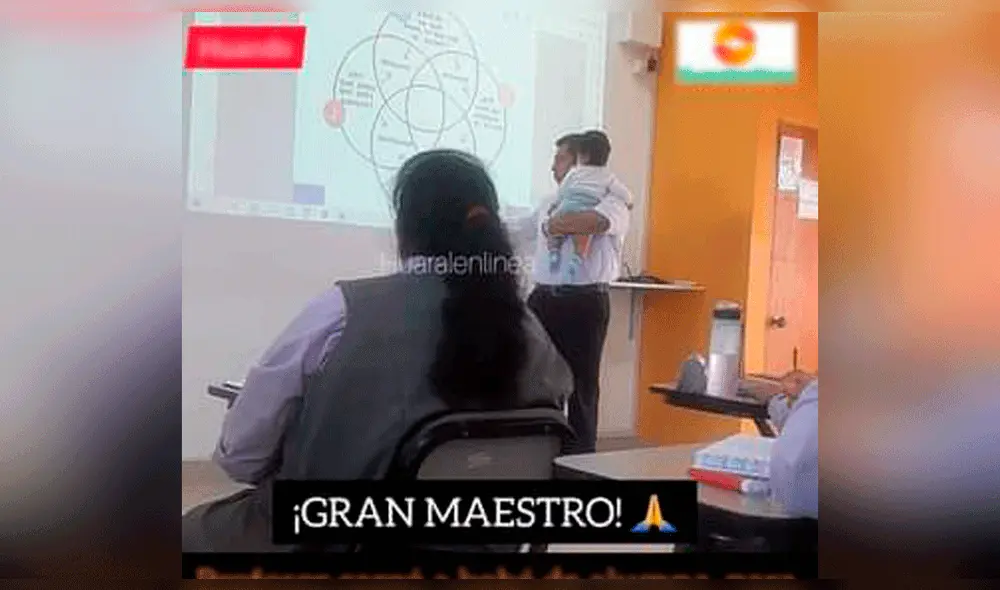 Docente sorprende cargando a bebé para que una estudiante termine una asignación. Foto: Huaral en Línea Docente sorprende cargando a bebé para que una estudiante termine una asignación. Foto: Huaral en Línea