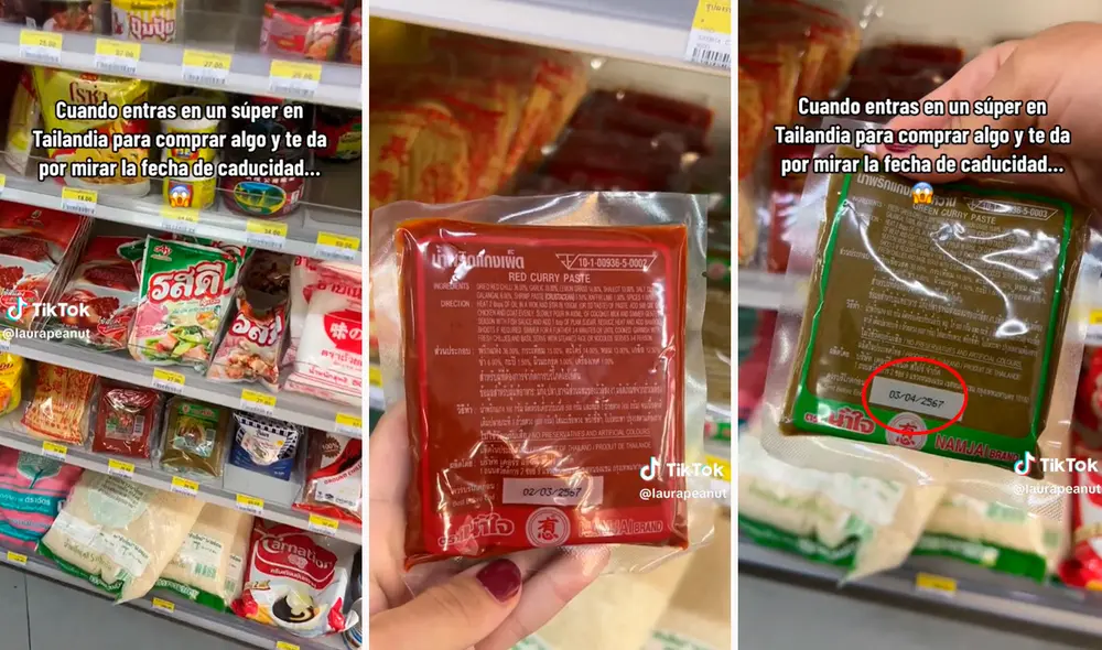 No podía creer lo que se había colocado en la fecha de vencimiento de distintos productos en Tailandia. Foto: composición LR / capturas de TikTok / @laurapeanut No podía creer lo que se había colocado en la fecha de vencimiento de distintos productos en Tailandia. Foto: composición LR / capturas de TikTok / @laurapeanut
