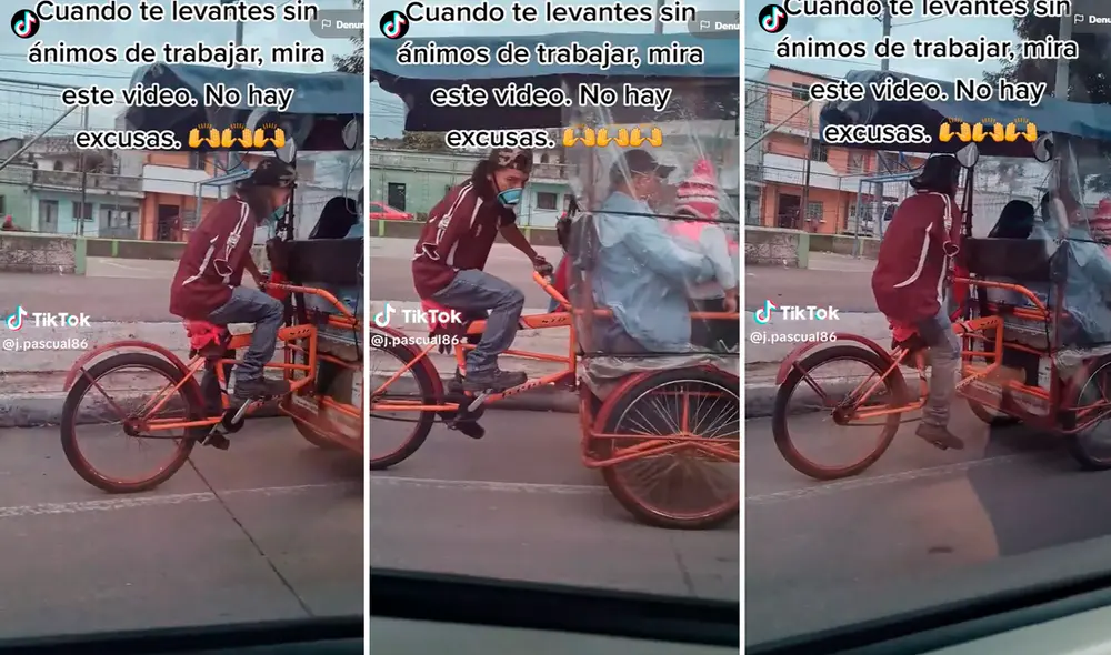 El hombre montaba una bicitaxi y trasladaba a dos pasajeros. Foto: Composición de LR/TikTok/@J.pascual86 El hombre montaba una bicitaxi y trasladaba a dos pasajeros. Foto: Composición de LR/TikTok/@J.pascual86