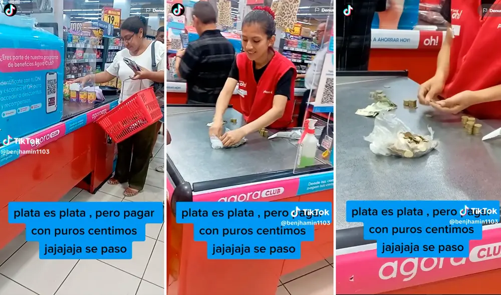 Monedas tras moneda tuvo que contar la cajera, lo que generó gran cantidad de comentarios. Foto: composición de LR/TikTok/@Benjhamin1103