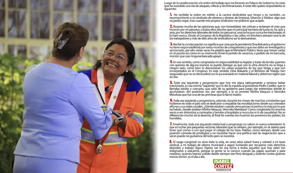 Isabel Cortez fue una de las que firmó la moción de vacancia contra Dina Boluarte. Foto: Presidencia