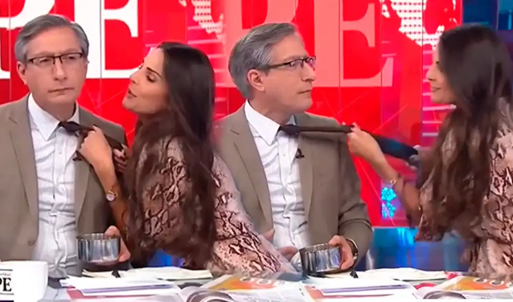 Federico Salazar y Rebeca Escribens protagonizaron singular momento en América TV. Foto: composición/captura América TV - Video: América TV Federico Salazar y Rebeca Escribens protagonizaron singular momento en América TV. Foto: composición/captura América TV - Video: América TV