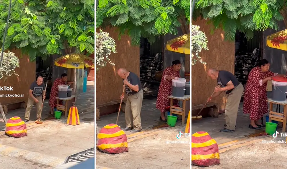 Ella prepara la chicha y él limpia la zona para trabajar. Foto: composición LR/capturas de TikTok/@luchomickyoficial