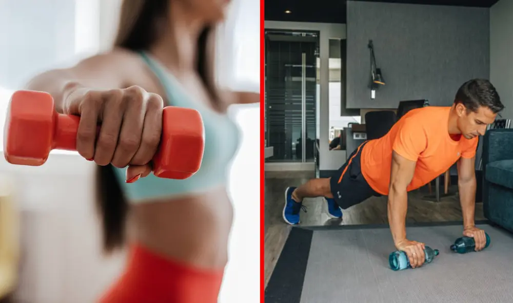 Conoce cómo hacer pesas caseras sin cemento para realizar ejercicios en casa. Foto: composición LR/Freepik/Blog fitness