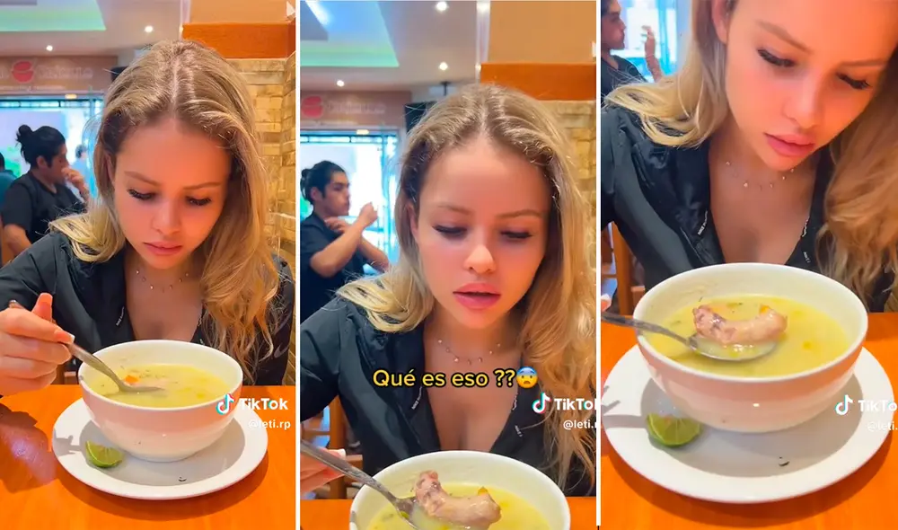 La muchacha quedó atónita al encontrar pescuezo de pollo mientras comía. Foto: composición LR / capturas de TikTok / @leti.rp