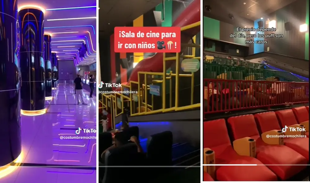 Este cine propone juegos para niños, recesos, asientos en sofá camas y puffs. Foto: Composición La República/costumbremochilera/Tik Tok