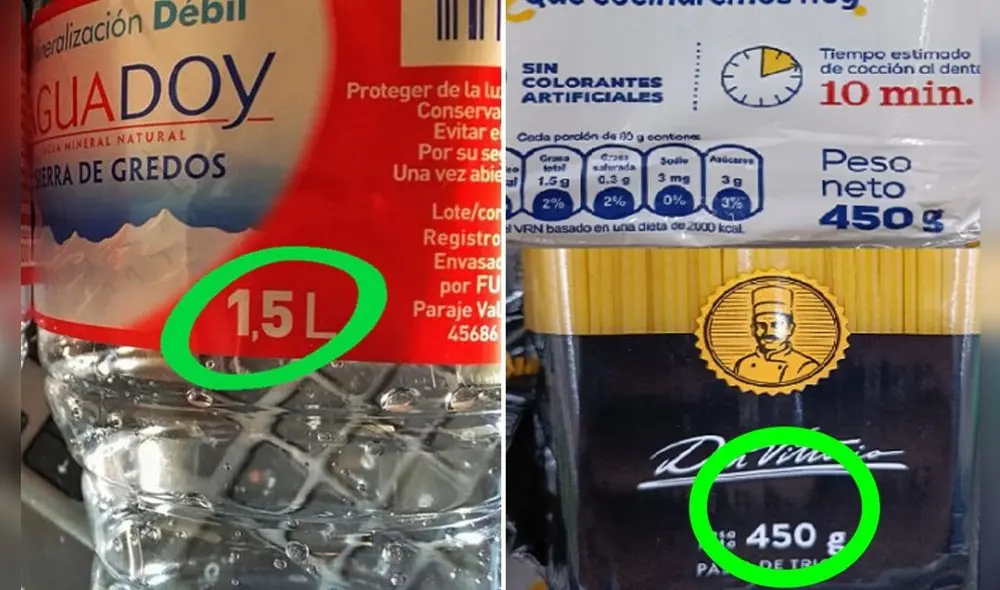 Aspec afirma que la reduflación es legal, pero el comprador debe ser informado. Conoce qué alimentos envasados han sido afectados por este fenómeno. Foto: composición GLR/Aspec/Laabeja