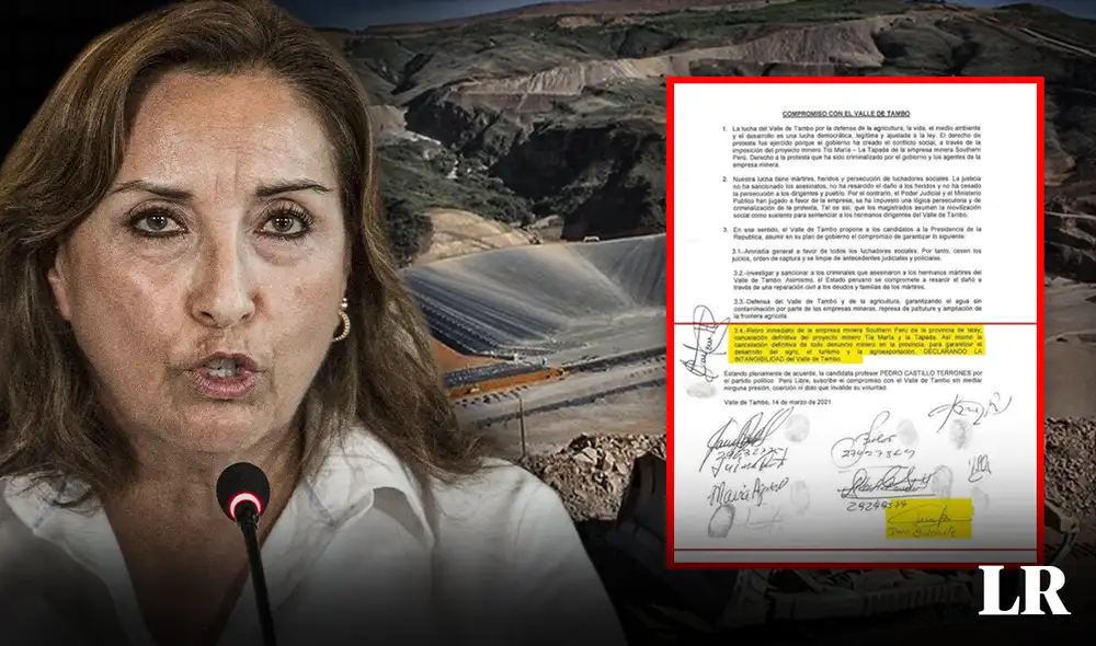 Ejecutivo promueve Tía María, proyecto que Dina Boluarte rechazó en un compromiso con Perú Libre. Foto: composición Jazmin Ceras/ Presidencia Ejecutivo promueve Tía María, proyecto que Dina Boluarte rechazó en un compromiso con Perú Libre. Foto: composición Jazmin Ceras/ Presidencia