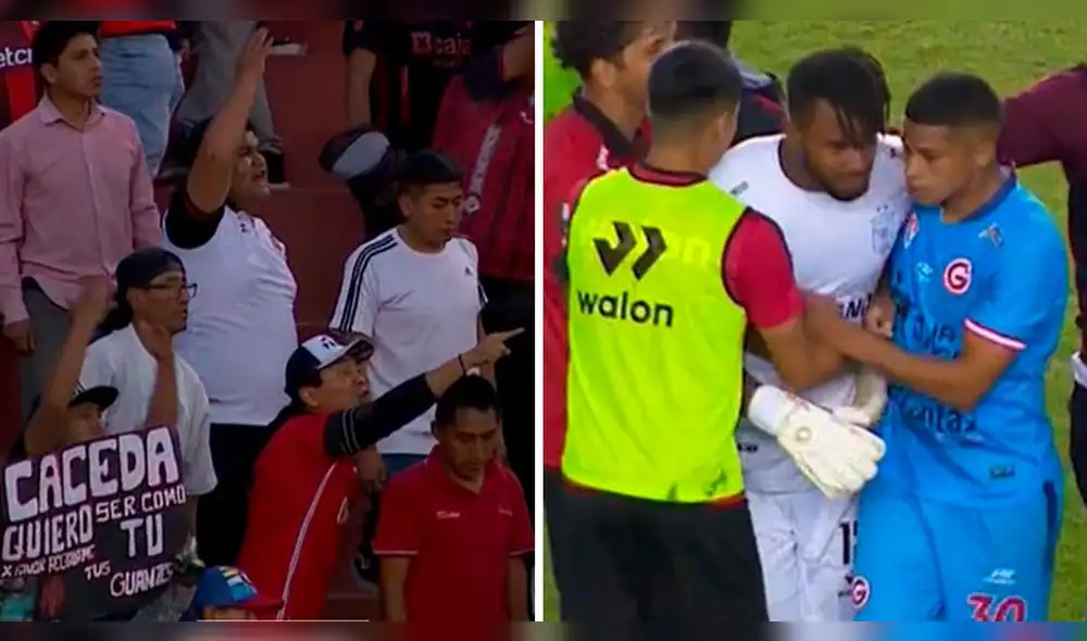 Mientras un grupo de hinchas le reclamaba a Cáceda, un pequeño lo alentaba con una pancarta. Foto: composición LR/capturas de Liga 1 Max - Video: Liga 1 Max