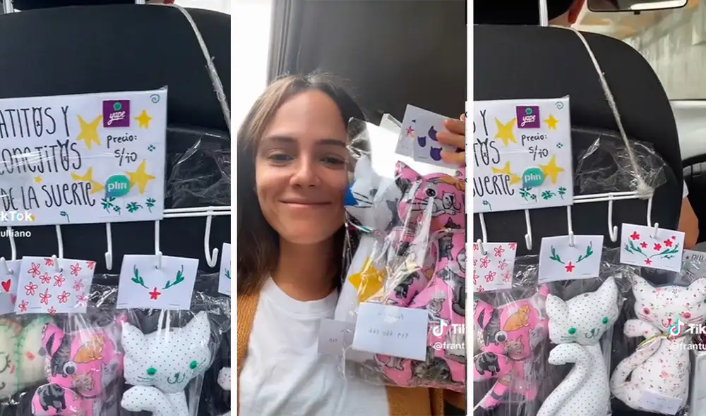 Peluches de gatos y conejos, y hasta pulseras vende el hombre mientras hace taxi. Foto: composición LR / capturas de TikTok / @frantulliano Peluches de gatos y conejos, y hasta pulseras vende el hombre mientras hace taxi. Foto: composición LR / capturas de TikTok / @frantulliano