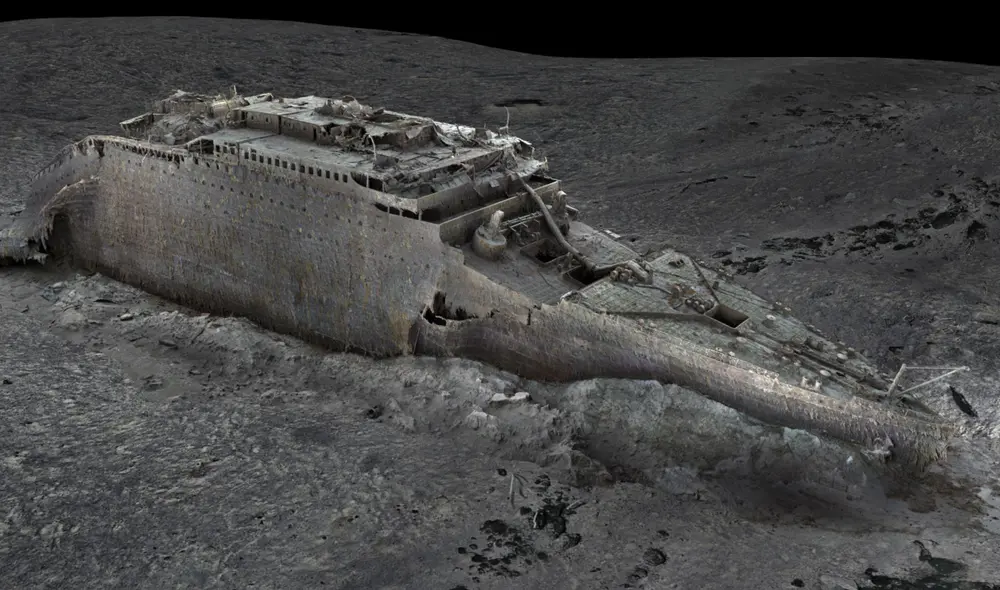 Vista panorámica del RMS Titanic, hundido en 1912 en el océano Atlántico. Foto: Atlantic Productions/Magellan