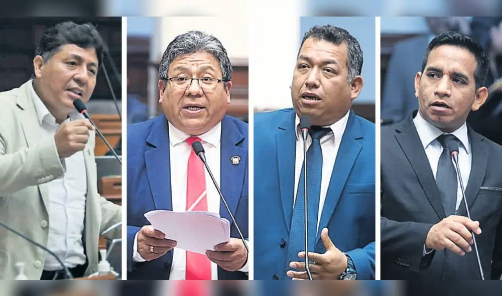 Discurso. Raúl Doroteo, Jorge Flores, Darwin Espinoza y Elvis Vergara exigieron que se vote el informe final sin prueba fiscal. Foto: Composición LR Discurso. Raúl Doroteo, Jorge Flores, Darwin Espinoza y Elvis Vergara exigieron que se vote el informe final sin prueba fiscal. Foto: Composición LR