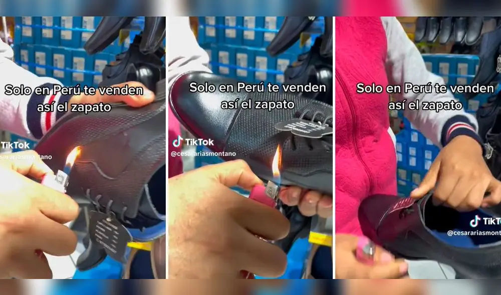 La vendedora señaló que cuando los zapatos realmente son de cuero, no se queman. Foto: composición LR / capturas de TikTok / @cesarariasmontano