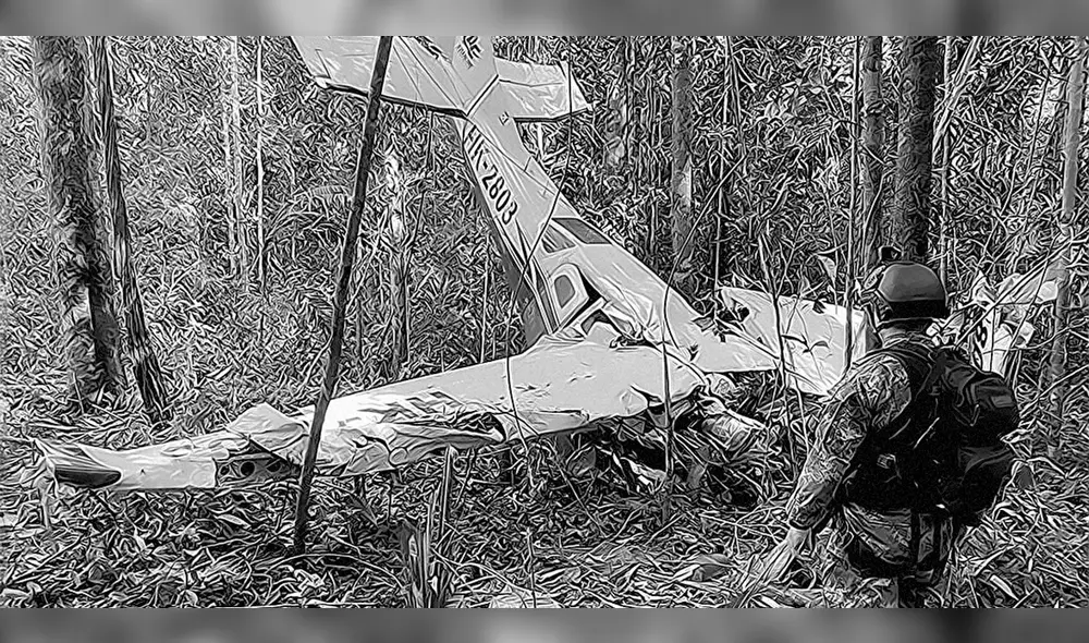 “Mototaxi aérea”. Así quedó el avión Cessna que brinda servicios de taxi aéreo en las selvas colombianas. En la nave estaban los cadáveres de tres adultos. Foto: EFE