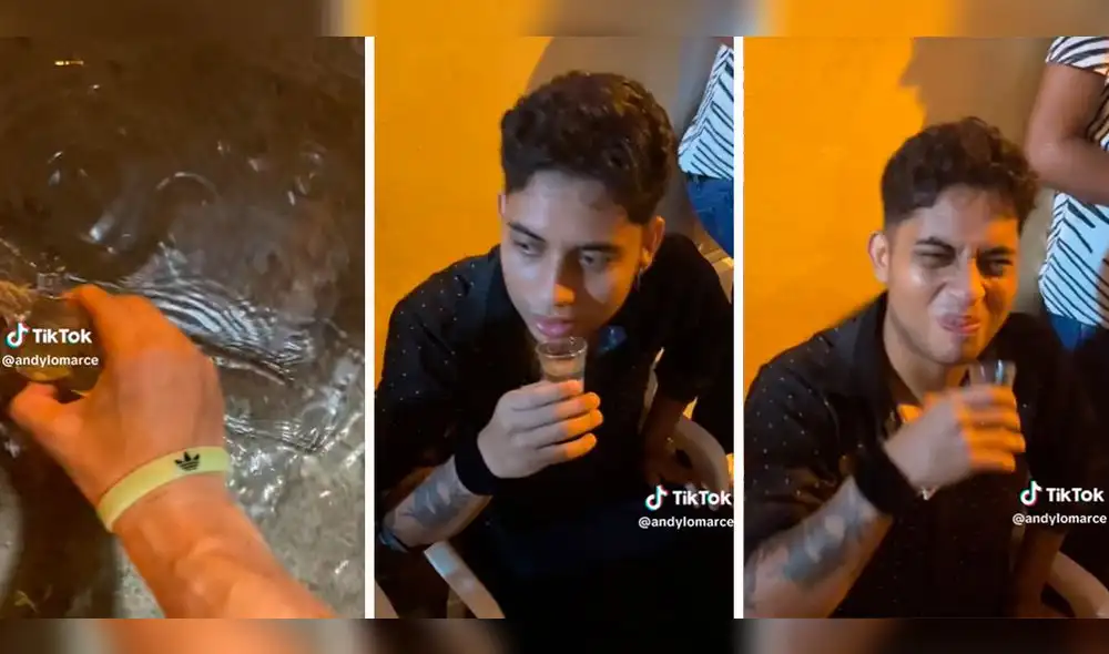 El muchacho no tuvo más remedio que escupir el líquido del vaso. Foto: composición LR/capturas de TikTok/@andylomarce