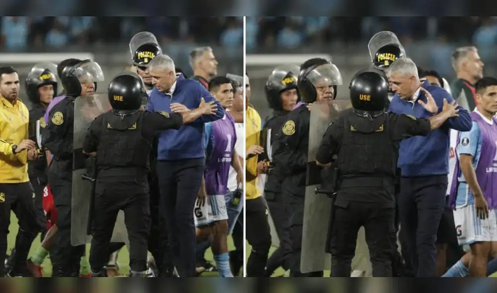 El entrenador  Tiago Nunes entró a la cancha para separar a sus jugadores. Foto: Luis Jiménez/La República