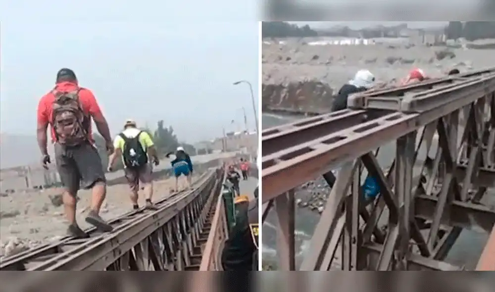 En peligro. Vecinos de Lima Este cruzan temerariamente un puente para cumplir con sus labores. Foto: composición La República/capturas ATV - Video: ATV