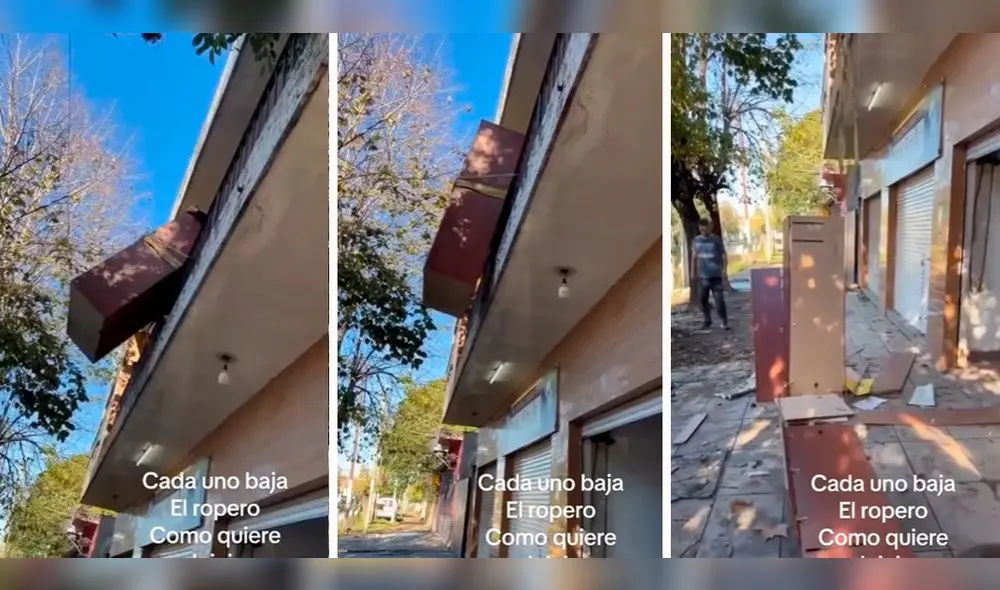 El ropero se partió en pedazos cuando llegó al piso. Foto: composición LR / capturas de TikTok / @Yanina.Perez
