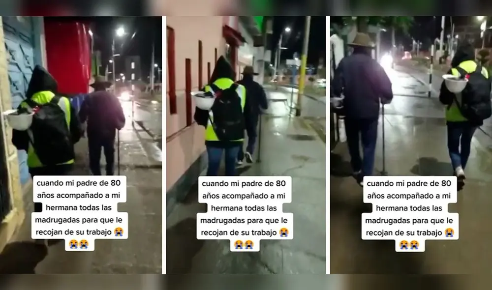 Con un bastón y una casaca, el señor acompaña a su hija a tempranas horas. Foto: composición LR / capturas de TikTok / @Karina071118