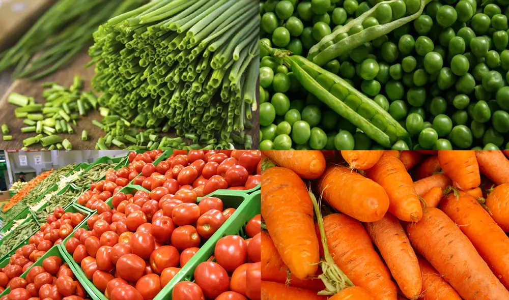 La  cebolla china y el  tomate fueron los productos que más se elevaron su costo, mientras que la arveja verde y la zanahoria los que más bajaron. Foto: Composición/LR