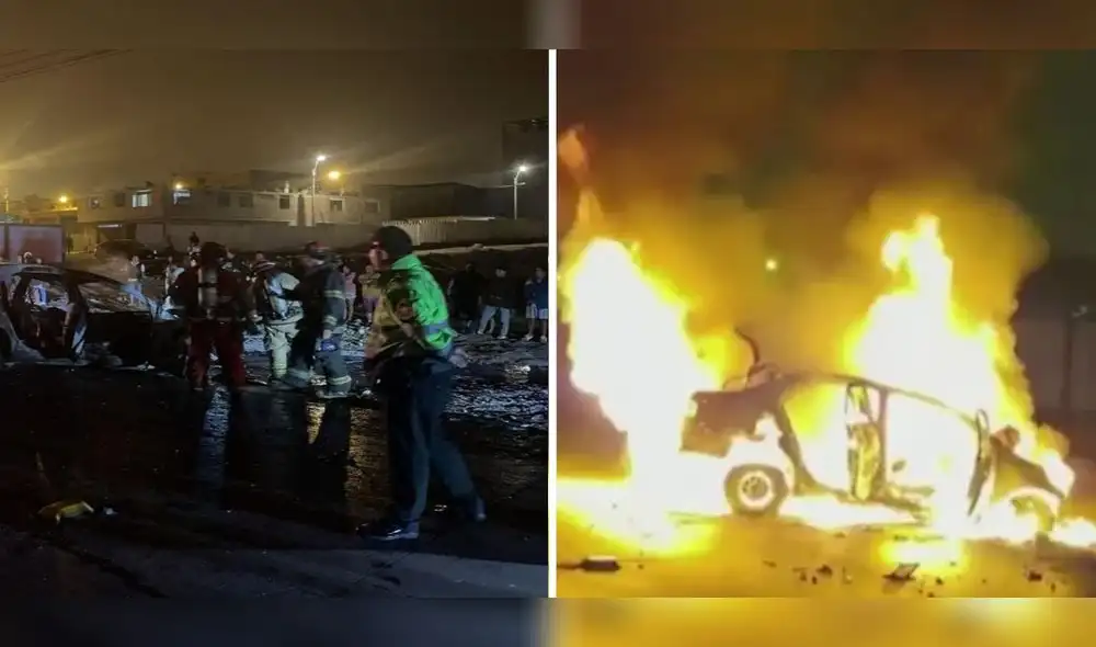 Auto quedó reducido a cenizas tras explosión. Foto: composición América Noticias/La República