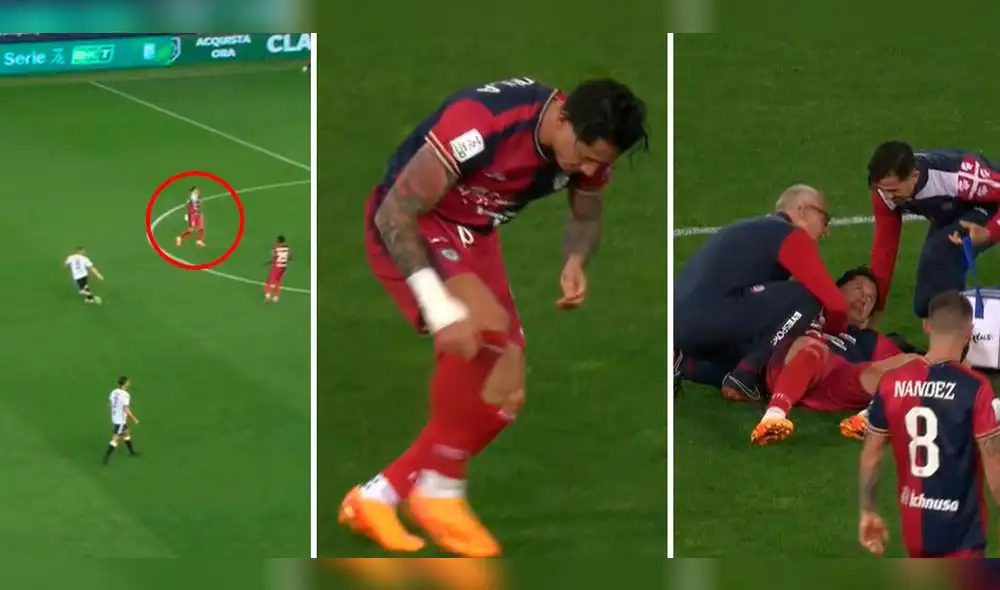 Gianluca Lapadula trastabilló luego de recibir el pelotazo y cayó sobre el césped del terreno de juego. Foto: captura de DSports+ | Video: DSports+ Gianluca Lapadula trastabilló luego de recibir el pelotazo y cayó sobre el césped del terreno de juego. Foto: captura de DSports+ | Video: DSports+