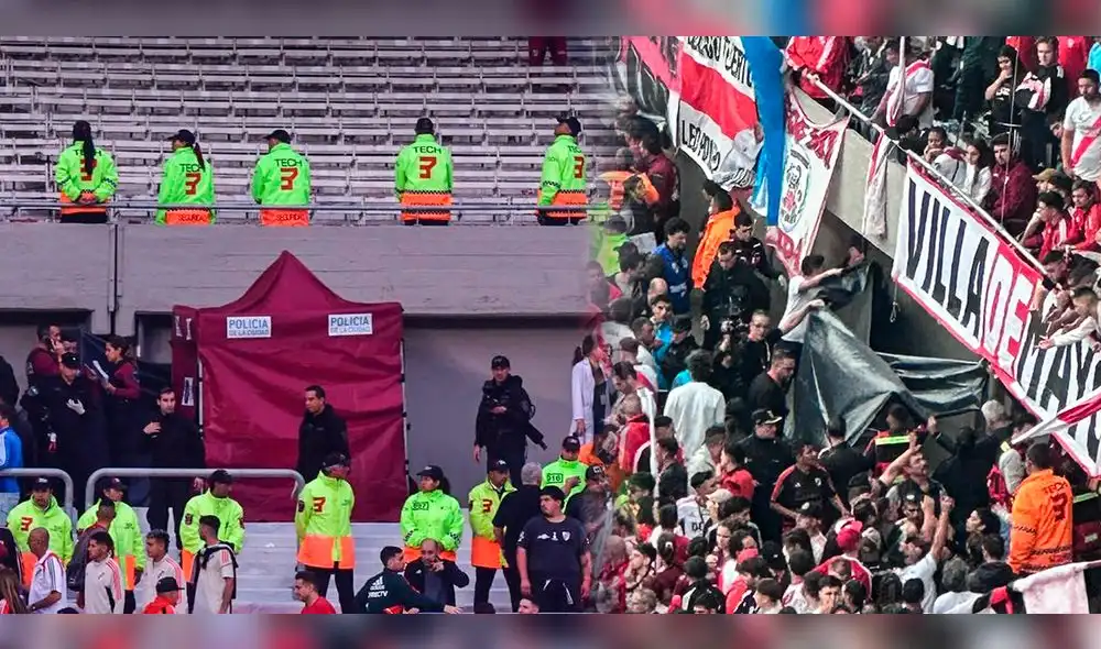 El hincha cayó desde una distancia de aproximadamente 15 metros. Foto: composición LR/La Tercera/Fútbol Club. El hincha cayó desde una distancia de aproximadamente 15 metros. Foto: composición LR/La Tercera/Fútbol Club.