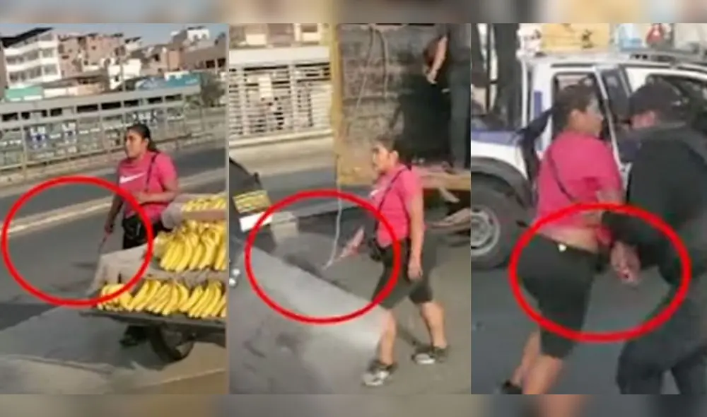 Los efectivos lograron quitarle el cuchillo a la vendedora, pero ella buscó otro objeto para agredirlos. Foto: composición LR/captura de Panamericana Los efectivos lograron quitarle el cuchillo a la vendedora, pero ella buscó otro objeto para agredirlos. Foto: composición LR/captura de Panamericana