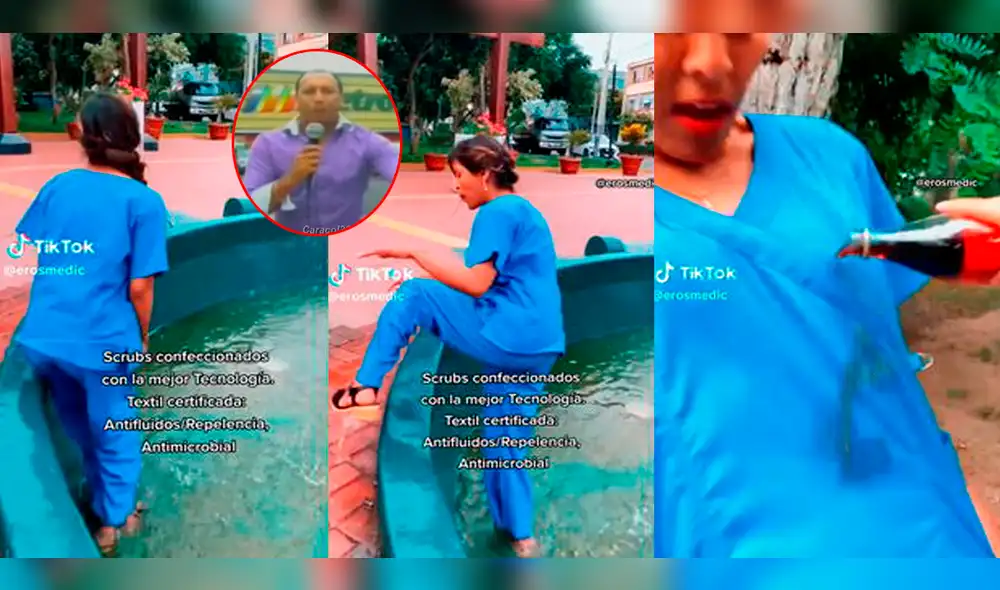 La mujer se metió a la pileta para convencer a sus clientes de la durabilidad del uniforme. Foto: composición LR/capura de TikTok/@Erosmedic